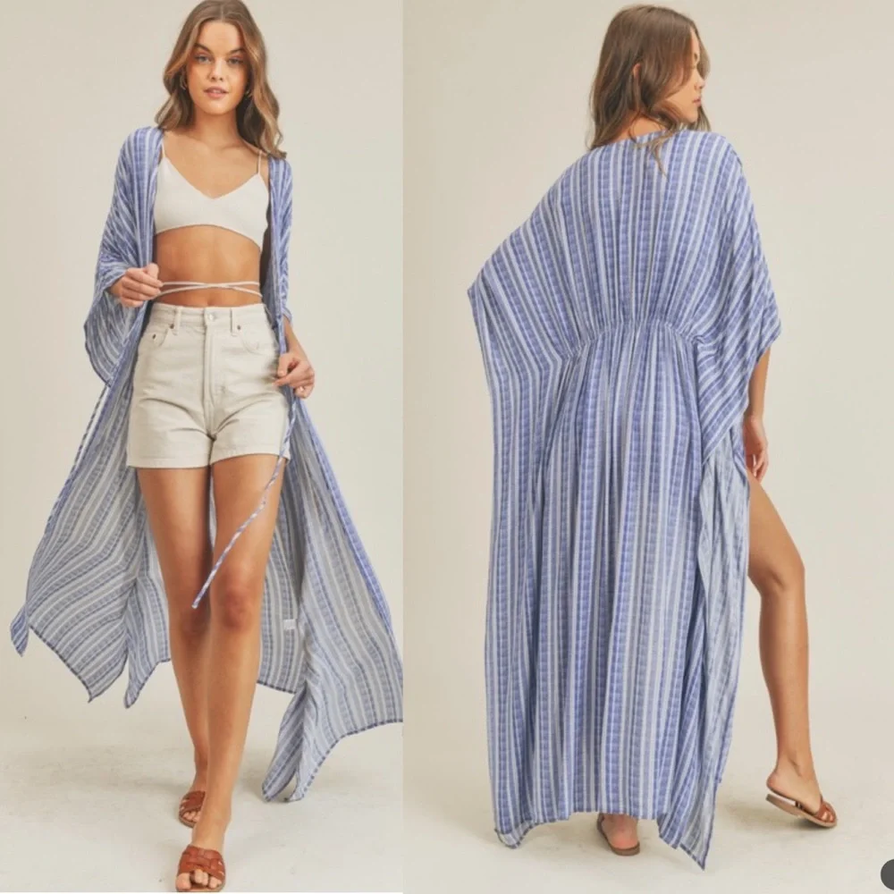 NWT LUSH Blue White Maxi Beach Cover Up Kimono Small